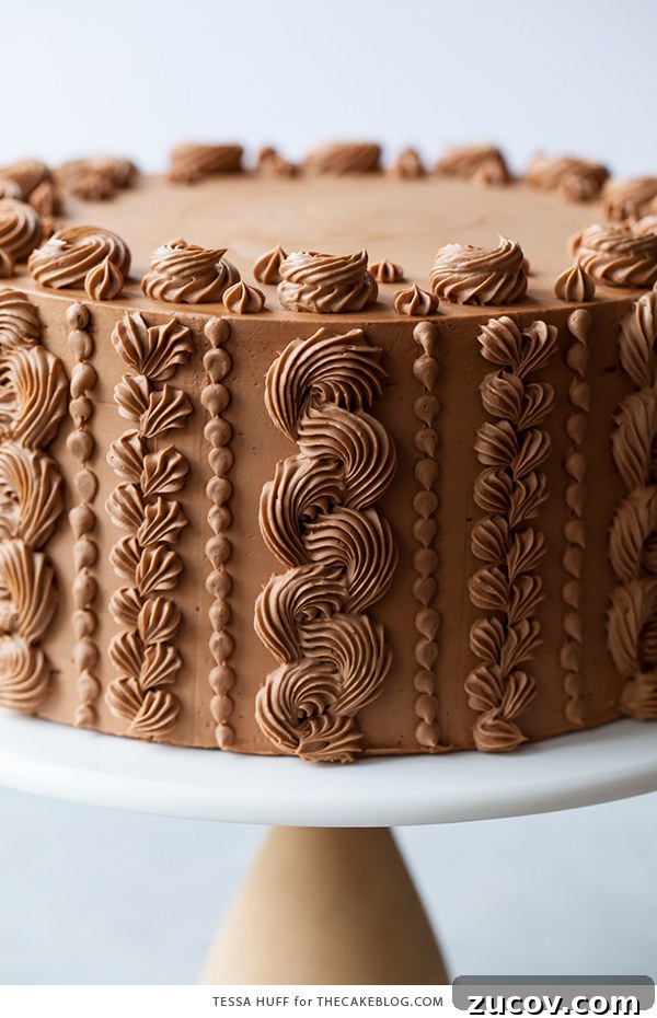 Chocolate Toffee Crunch Cake - fudgy chocolate cake lightly spiced with cinnamon paired with crunchy toffee bits and silky smooth chocolate buttercream frosting | by Tessa Huff