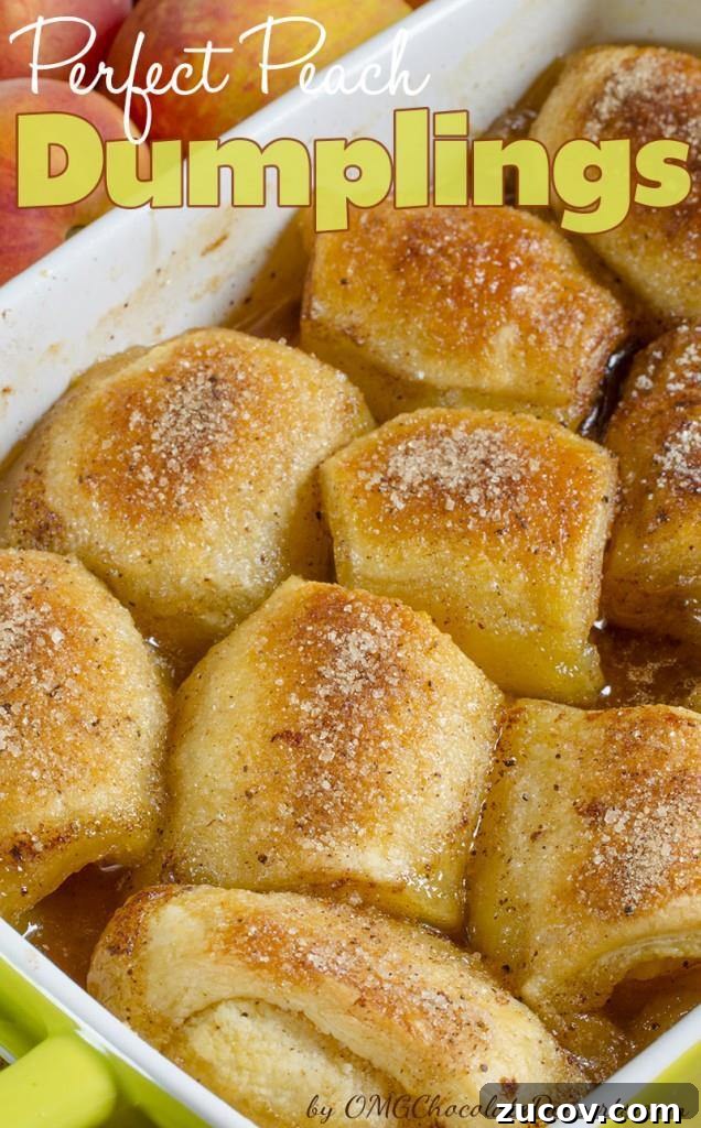 Simple Homemade Peach Cobbler Recipe for Fresh Summer Fruit 3 Just baked Peach Dumplings in a green casserole.