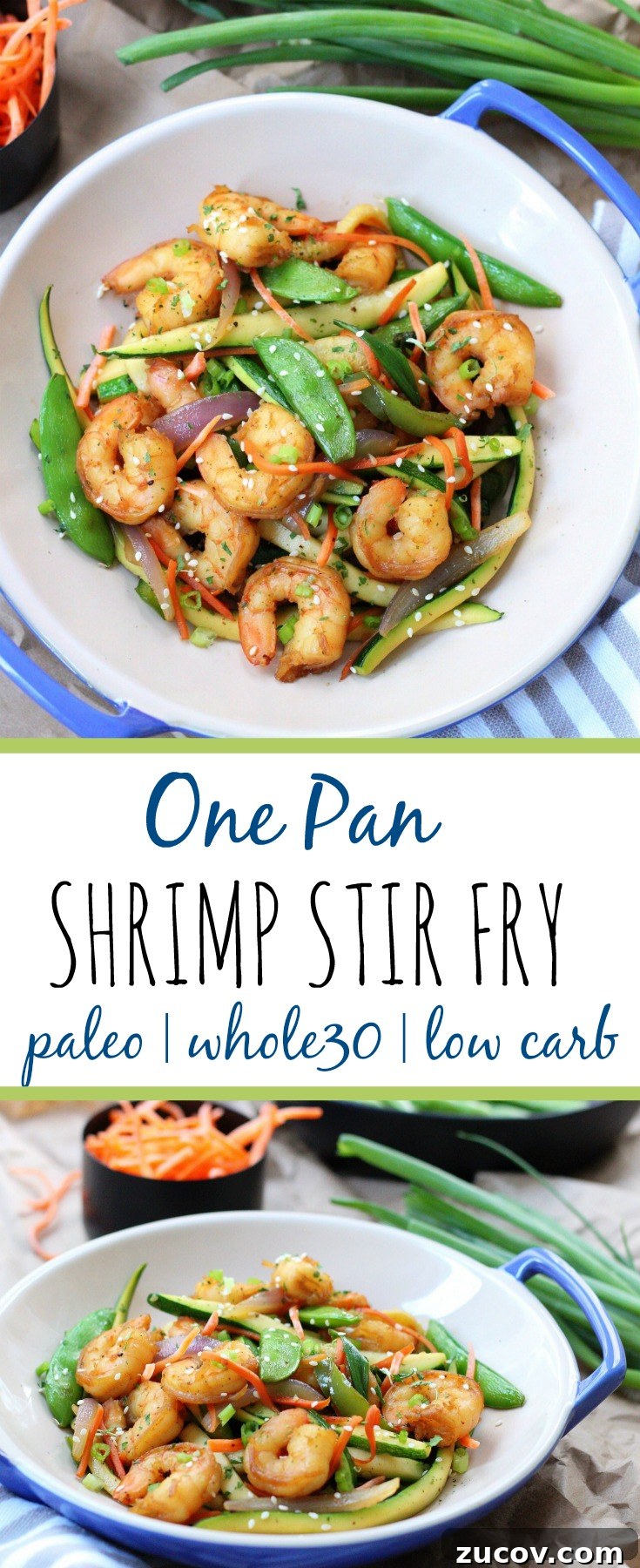 Paleo Shrimp Stir-Fry (Whole30 & Low Carb) + Gelatin Cooking Tips 2 This easy shrimp stir fry recipe is a great Whole30 dinner! If you love stir fry, you'll love this low carb version! Using zucchini noodles lets you eat this flavorful paleo meal, without the carbs! Plus the best tips for cooking with gelatin are included! #paleostirfry #paleoshrimp #lowcarbstirfry #whole30recipes #whole30shrimp via @paleobailey