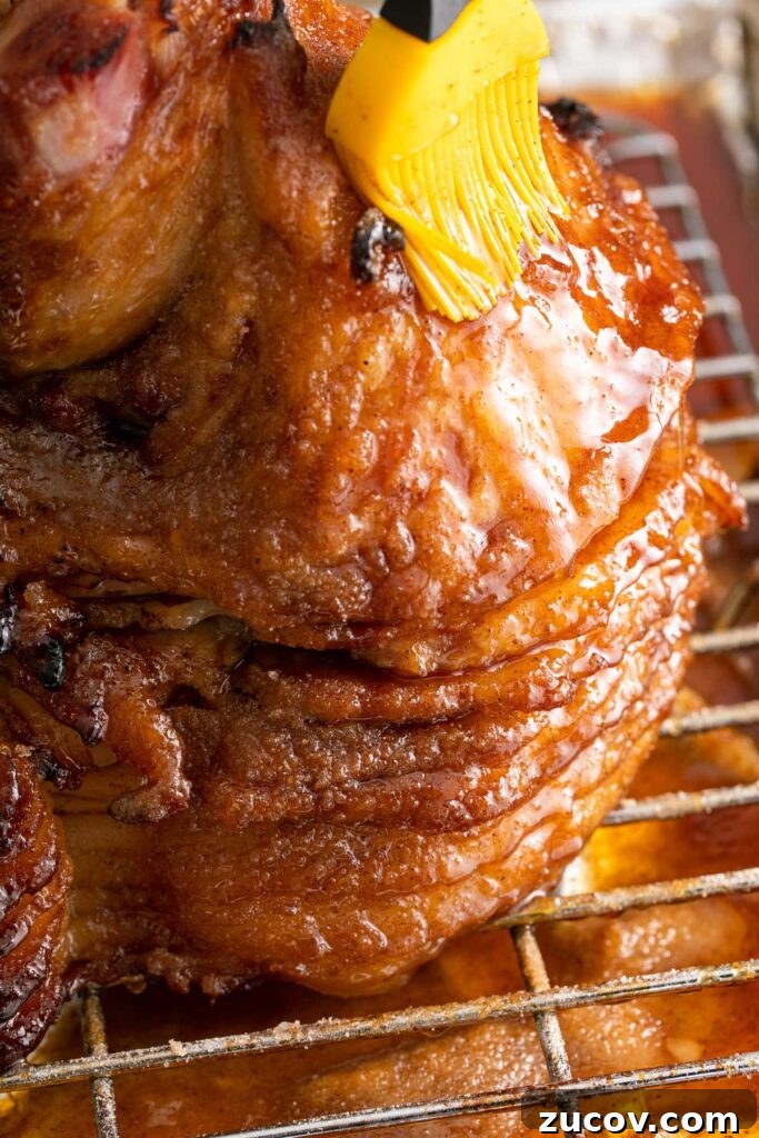 Homemade Honey Baked Ham Recipe (Copycat) 10 Brushing spiced brown sugar glaze on a spiral ham.