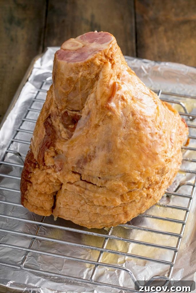 Homemade Honey Baked Ham Recipe (Copycat) 6 baked spiral ham on a baking sheet with a wire rack insert