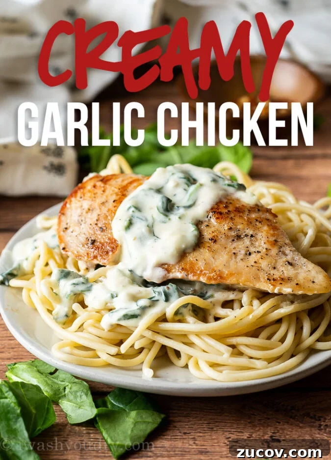 Creamy Garlic Chicken Dinner with Parmesan and Herbs 2 Creamy Garlic Chicken with spinach in a creamy parmesan cheese sauce served over hot pasta.