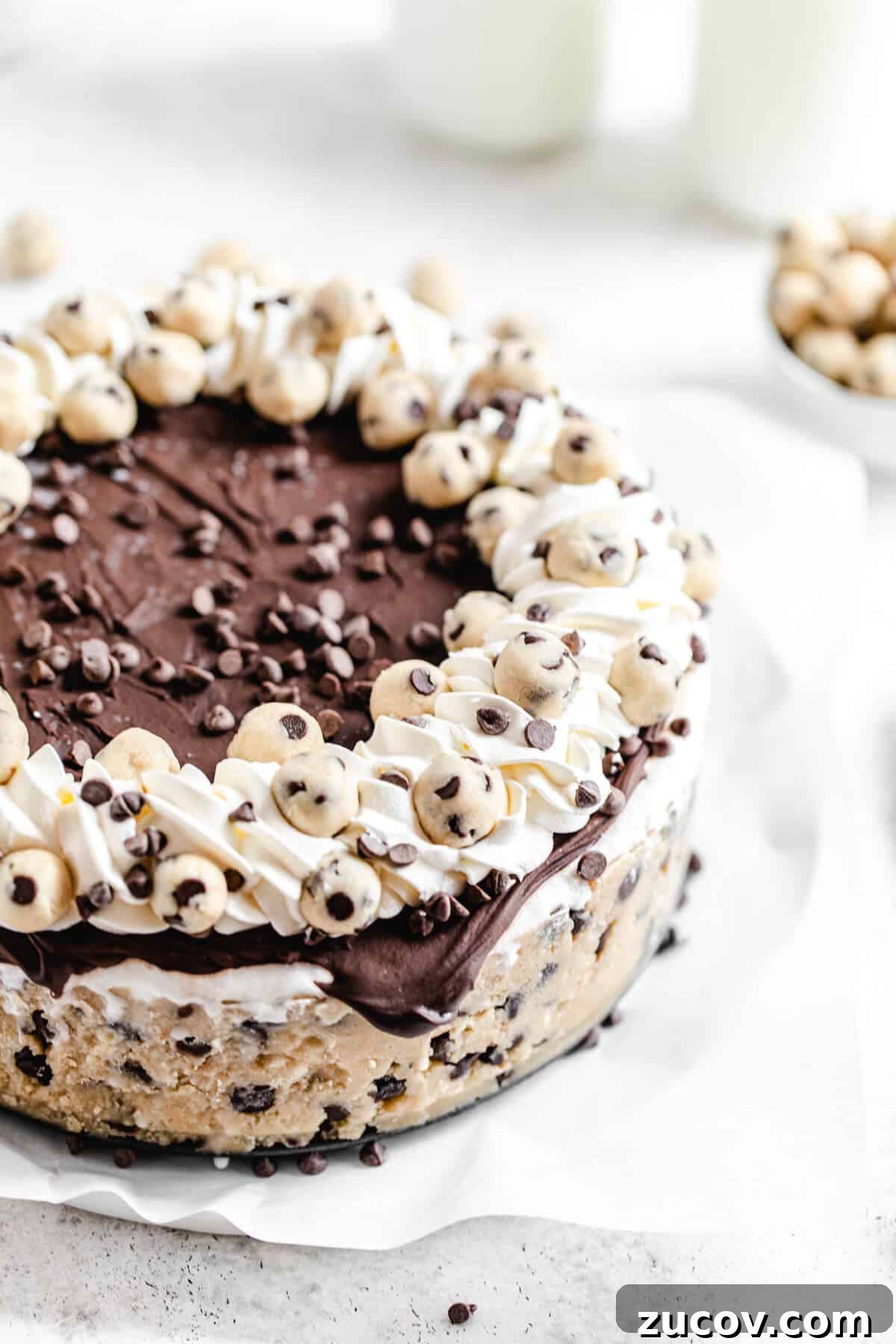 Chocolate Chip Cookie Dough Ice Cream Cake Recipe for Summer Parties 2 ice cream cake on a parchment covered platter