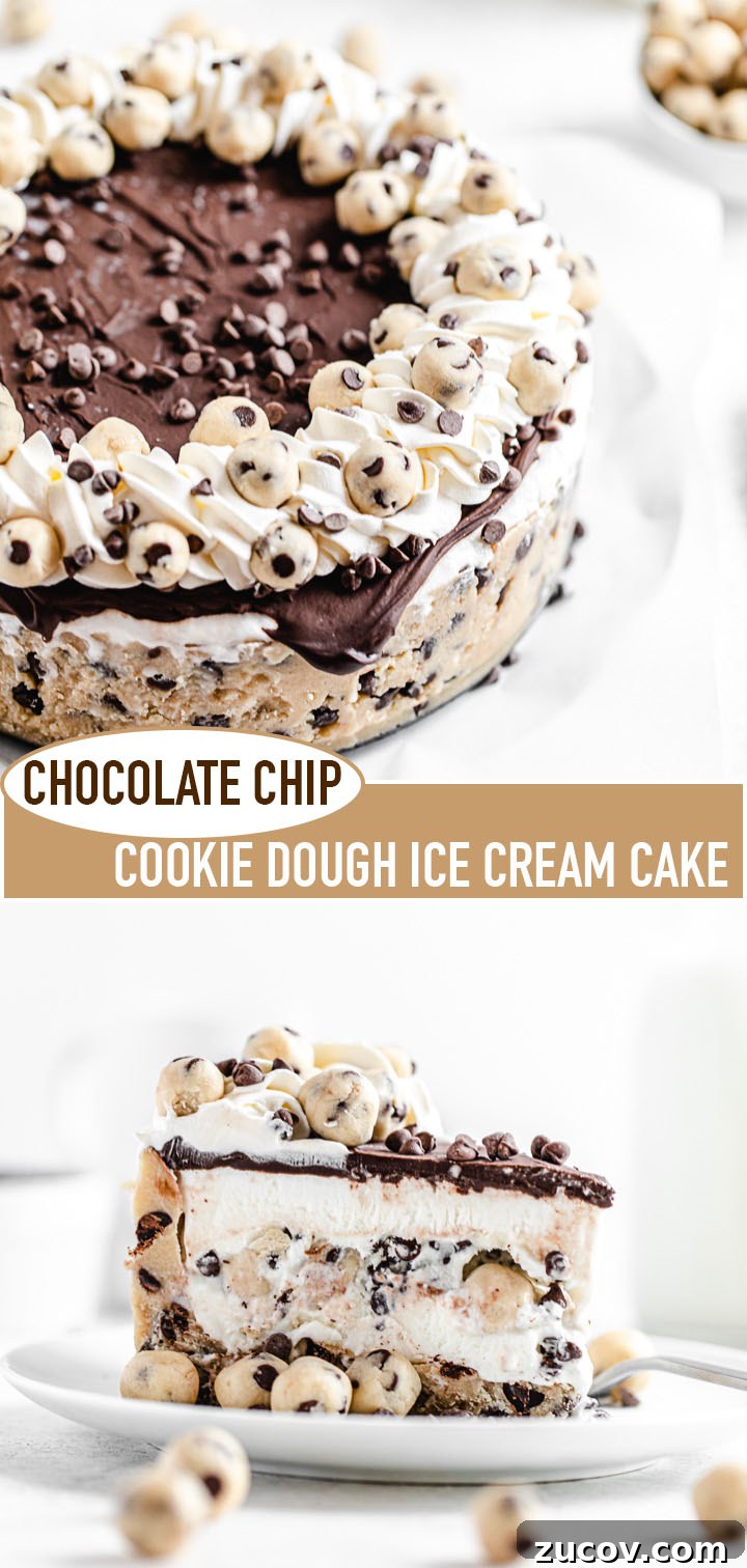 Chocolate Chip Cookie Dough Ice Cream Cake Recipe for Summer Parties 12 long pin image for Pinterest