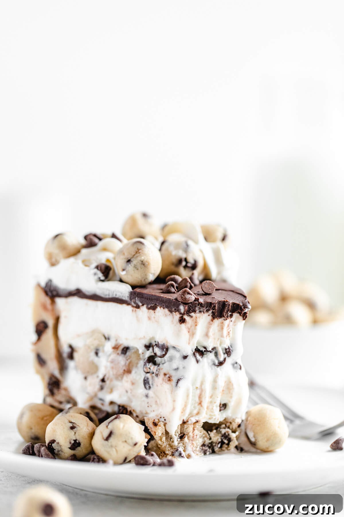 Chocolate Chip Cookie Dough Ice Cream Cake Recipe for Summer Parties 14 slice of ice cream cake with bite taken out of it on a white plate