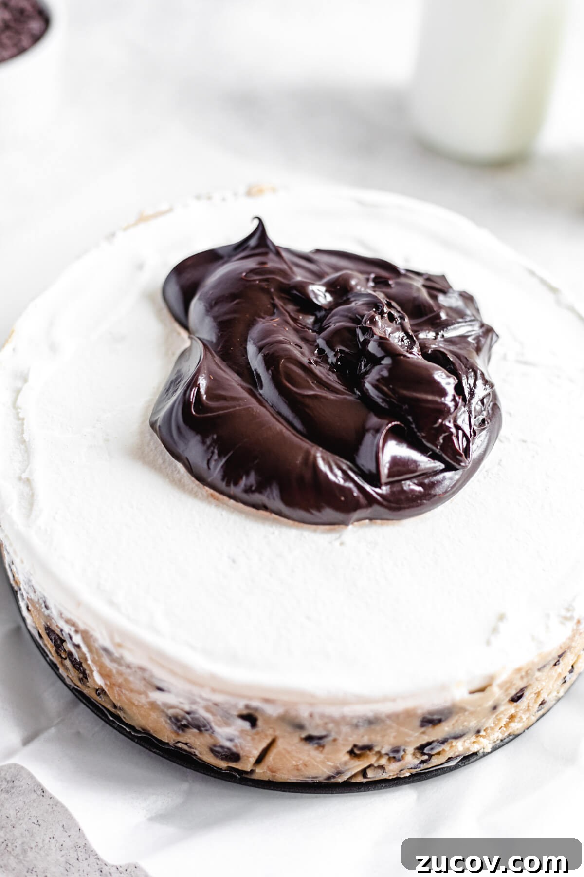 Chocolate Chip Cookie Dough Ice Cream Cake Recipe for Summer Parties 8 chocolate ganache on top of ice cream cake