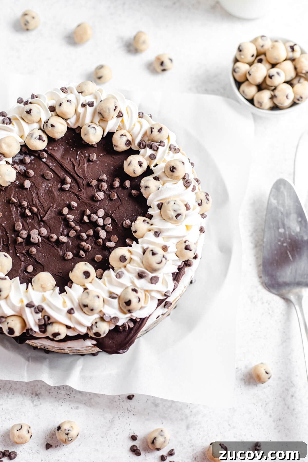 Chocolate Chip Cookie Dough Ice Cream Cake Recipe for Summer Parties 9 top view of ice cream cake topped with cookie dough