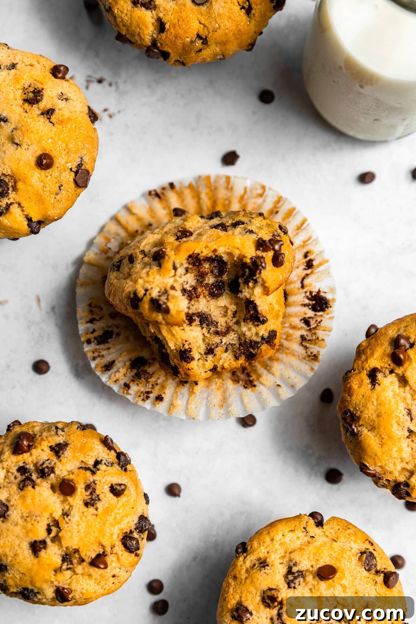 Small-Batch Chocolate Chip Muffins Made with Sour Cream 12 Close up of chocolate chip muffin on its side with a bite missing showing melted chocolate chips inside.
