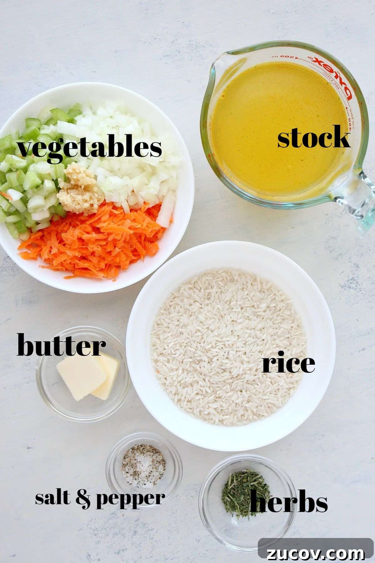 Rice Pilaf ingredients Ingredients for rice pilaf on a board.
