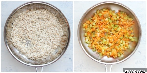 How to make rice pilaf from scratch. Toasted rice and sauted veggies in a skillet.