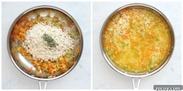 Making rice pilaf in a skillet. Veggies and rice with stock in a skillet.