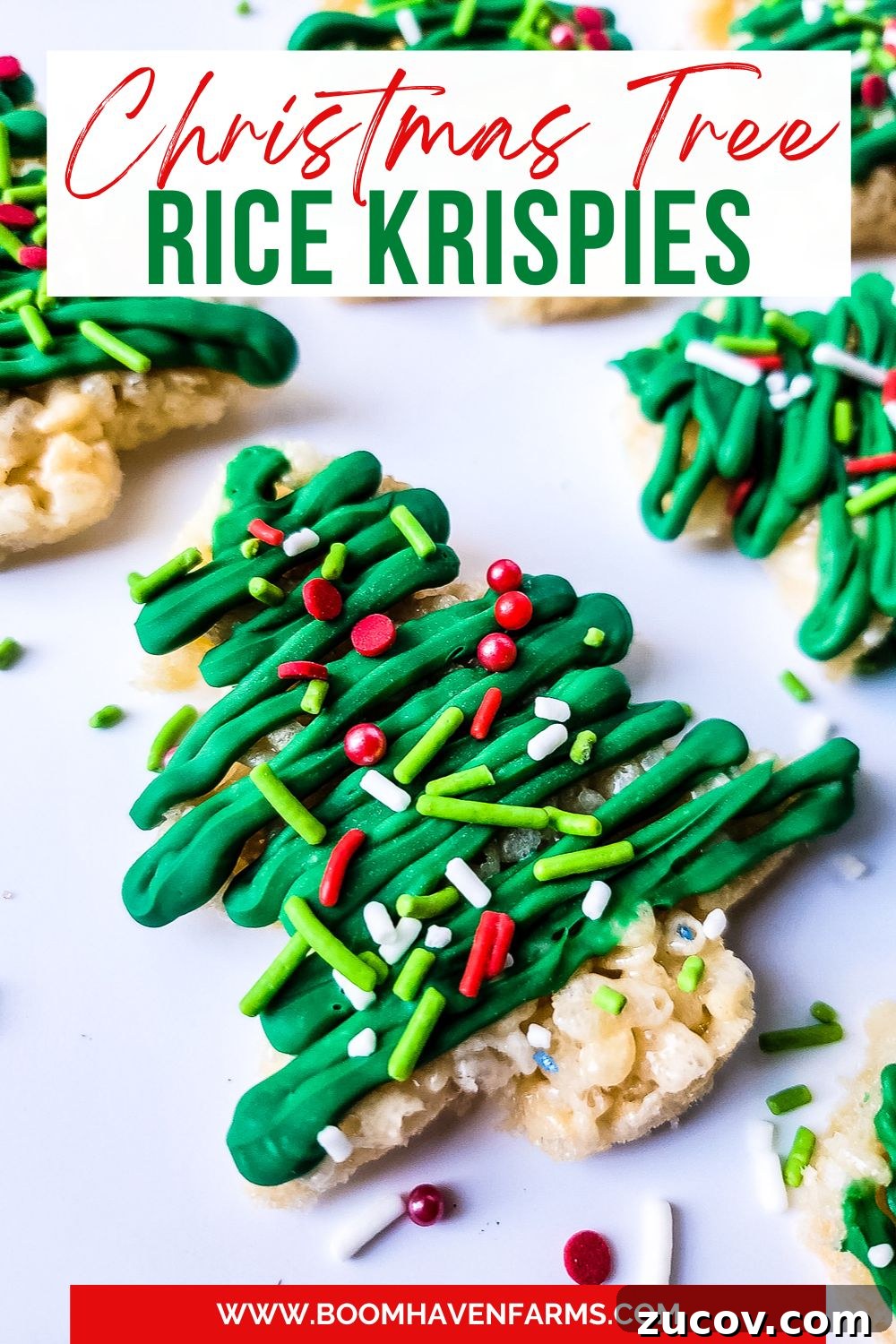 Rice Krispie Christmas Tree Treats: Festive Holiday Snack Craft 2 Christmas tree shaped Rice Krispies with icing and sprinkles