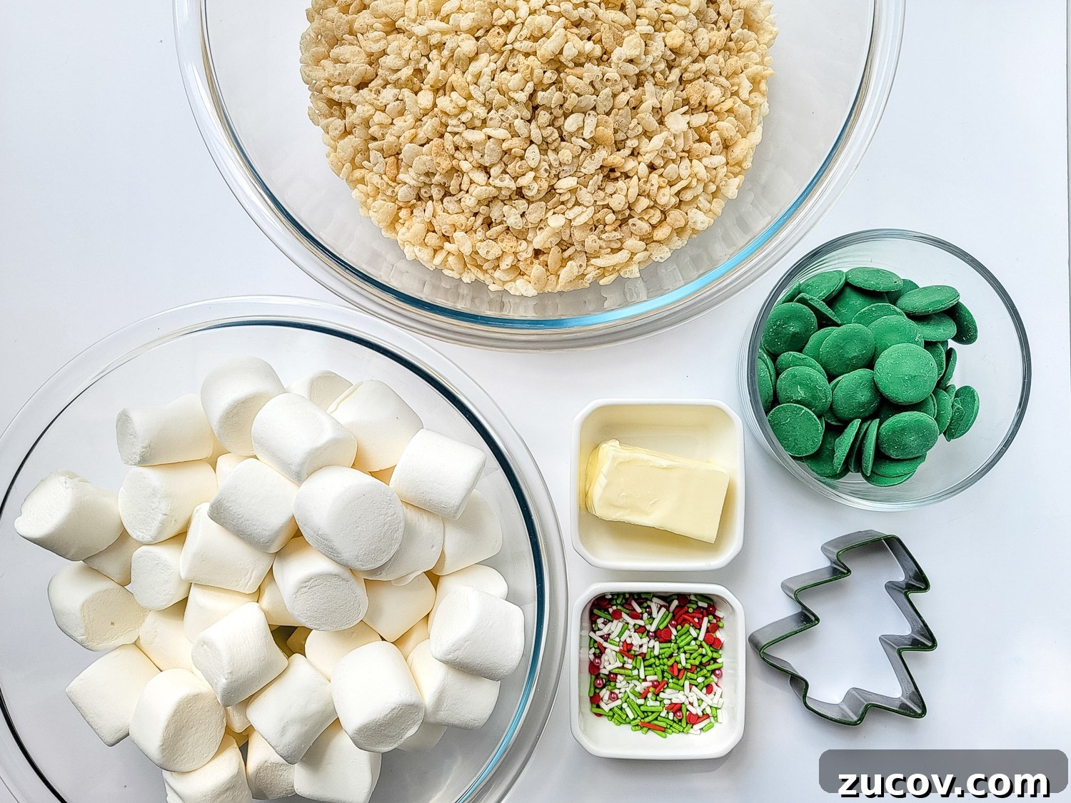 Rice Krispie Christmas Tree Treats: Festive Holiday Snack Craft 3 ingredients in bowls for Christmas trees rice Krispy treats