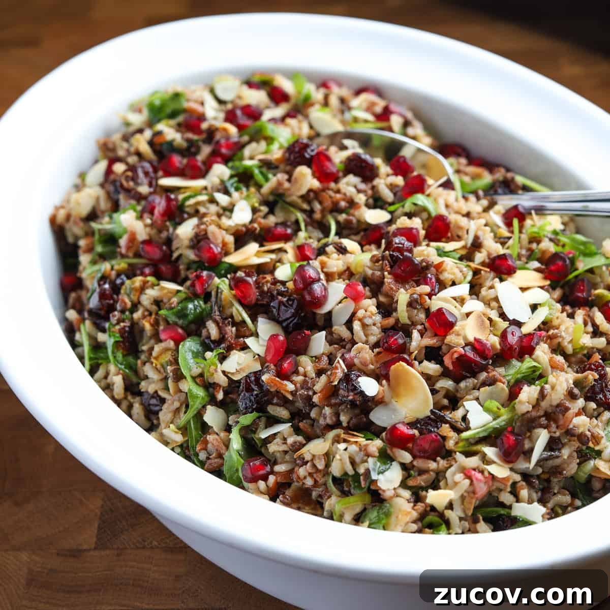 Photo of a big white bowl of vegan wild rice salad with pecans and cranberries, ready to serve.