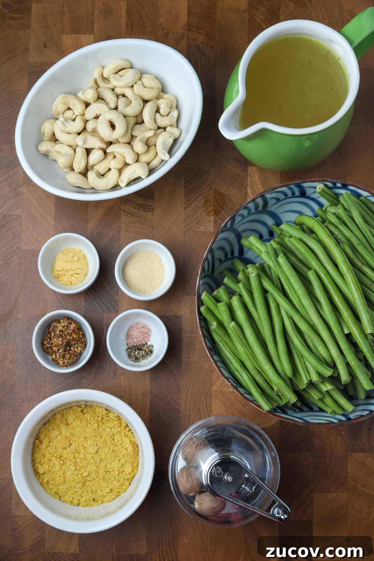 Vegan Green Bean Casserole Recipe with Crispy Onion Topping 4 Photo of ingredients to make vegan green bean casserole.