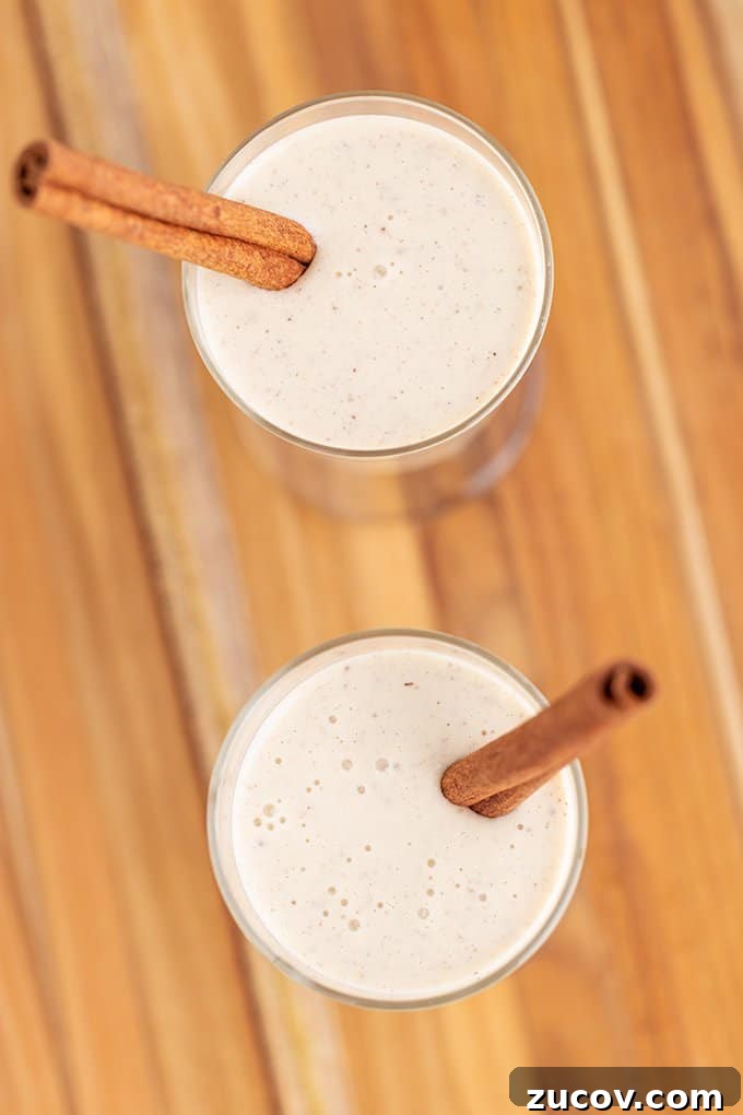 Classic Eggnog Recipe: Spiked and Alcohol-Free Versions 5 overhead view of the eggnog in glasses with a cinnamon stick