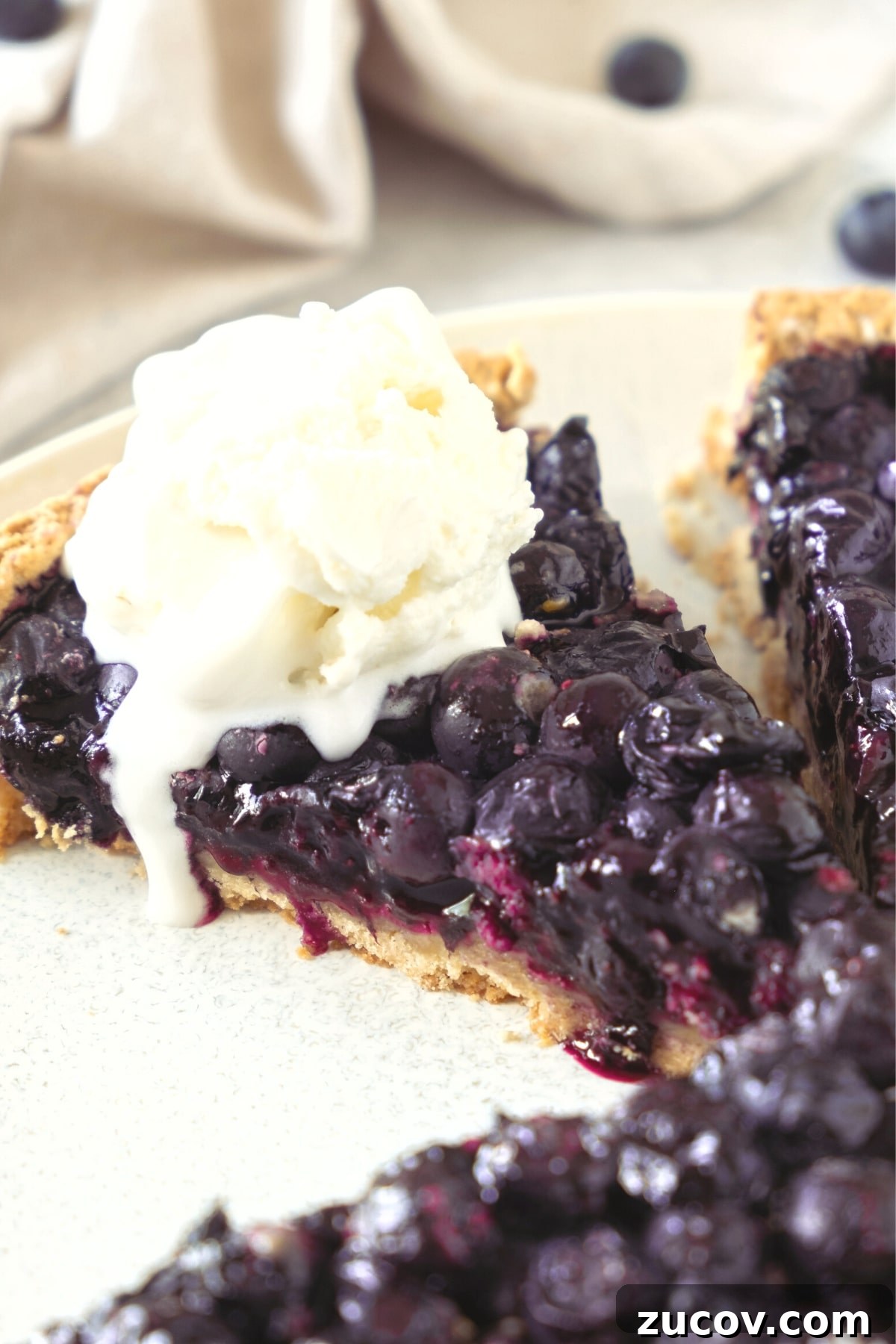 Gluten-Free Blueberry Pie (Dairy-Free) A half-eaten slice of blueberry pie with a scoop of ice cream.