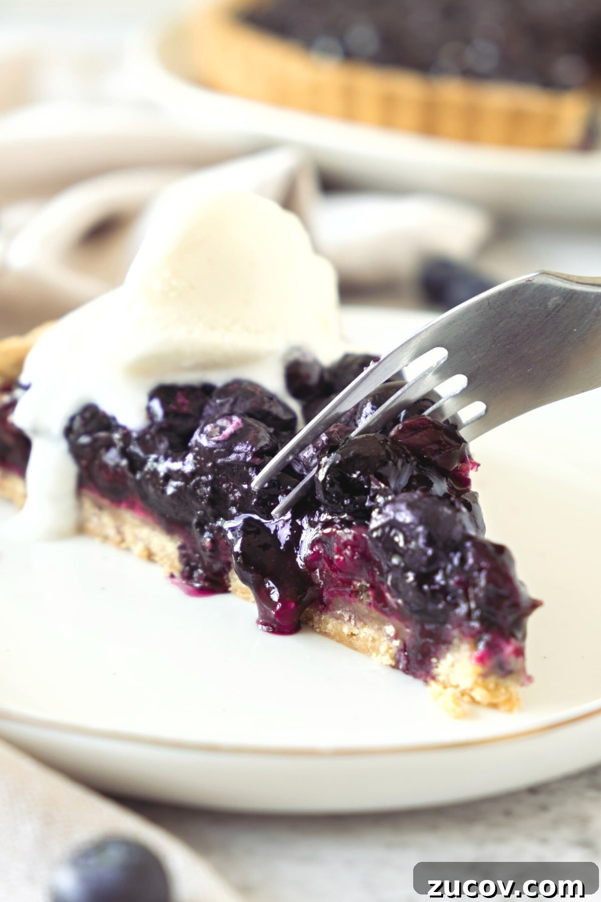 Gluten-Free Blueberry Pie (Dairy-Free) A fork slicing into a piece of blueberry pie on a plate.