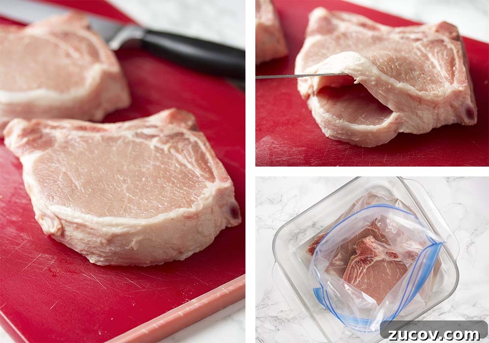 Preparing pork chop pockets and brining. Step by step on how to cut the pocket and brine.