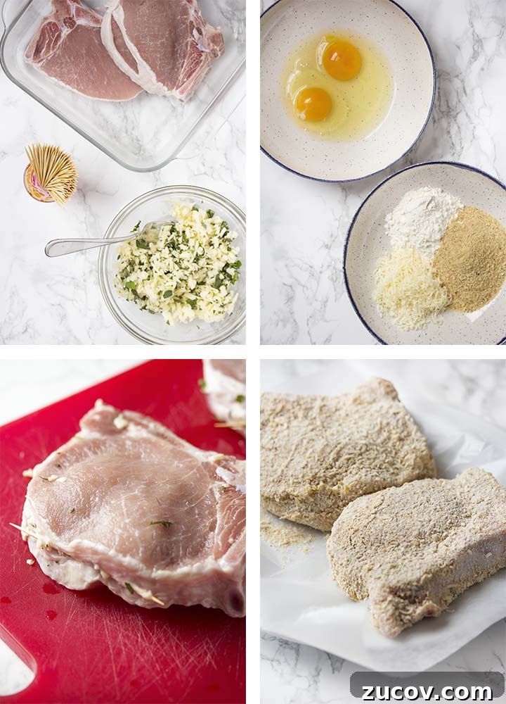 Stuffing and breading pork chops. Step by step on how to stuff and bread the chops.