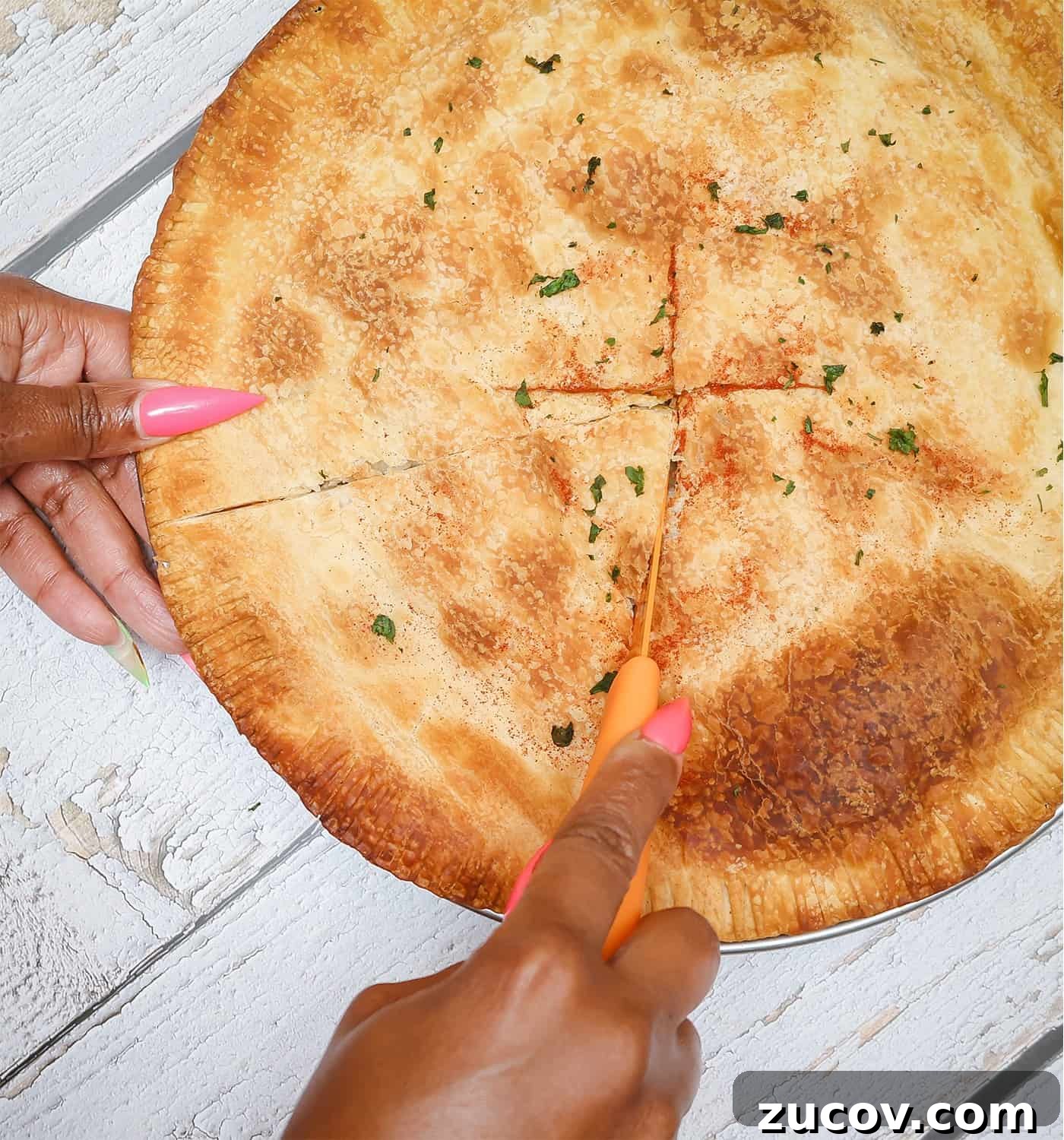 Southern Turkey Pot Pie with Buttermilk Biscuit Crust 9 How do you cut turkey pot pie? Slit the middle of the top pie crust with an “X” for venting while baking.