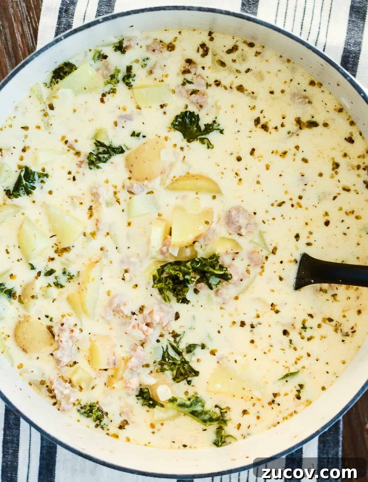 One-Pot Zuppa Toscana Recipe: Authentic Italian Sausage Soup 3 overhead shot of pot of soup