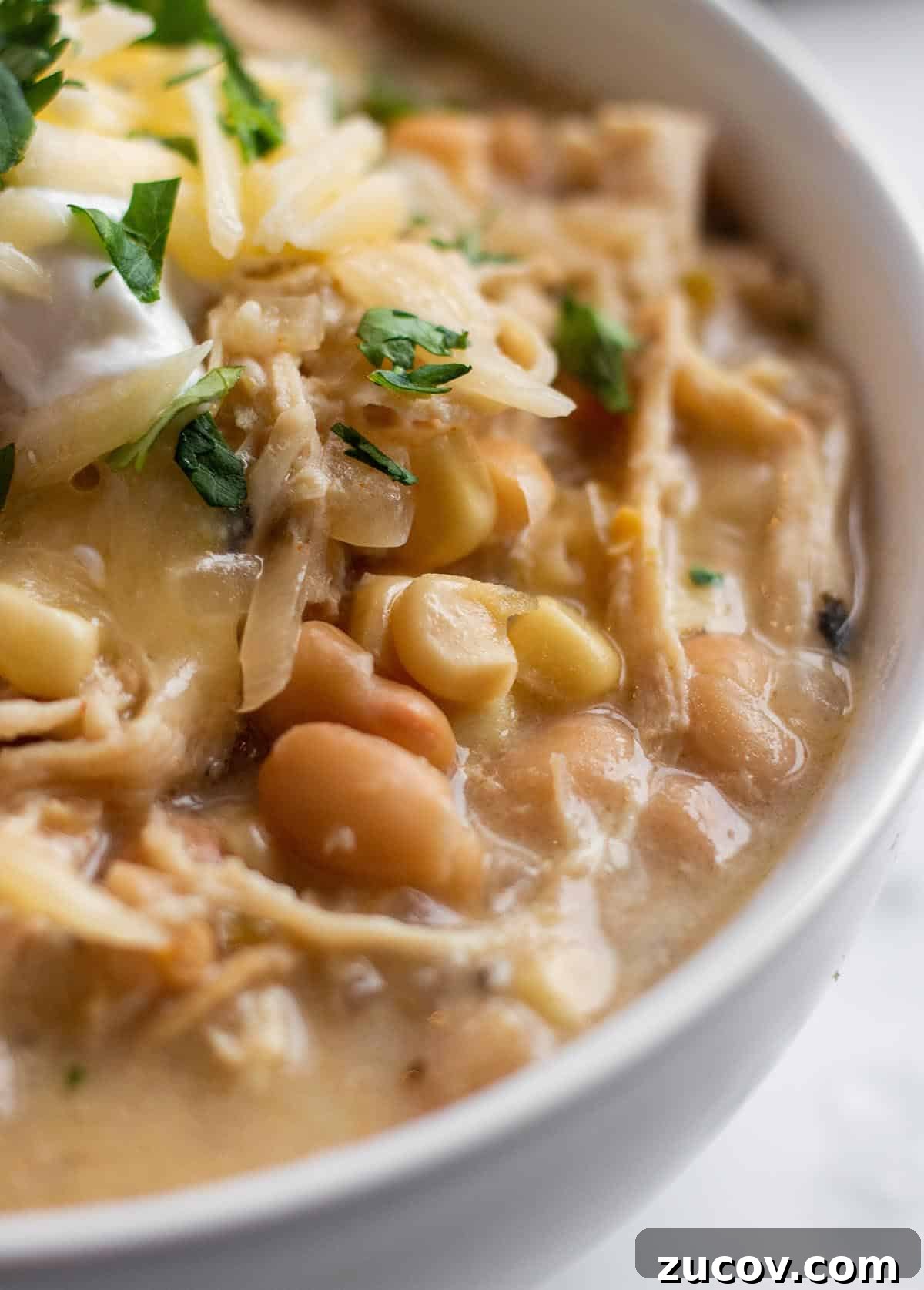 Slow-Cooker Creamy White Chicken Chili Recipe 12 A bowl with white beans corn and shredded chicken topped with sour cream and cilantro.