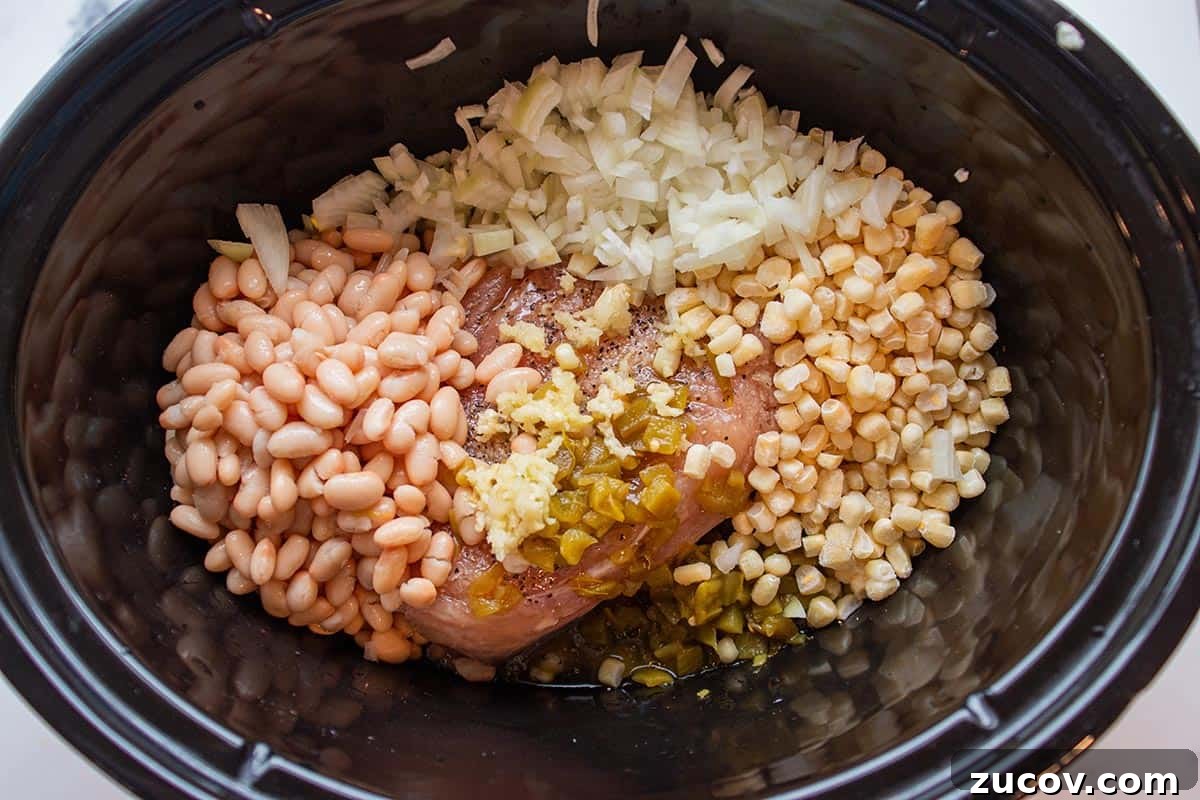 Slow-Cooker Creamy White Chicken Chili Recipe 4 Crock-pot with frozen corn, diced onions. white beans and frozen chicken.