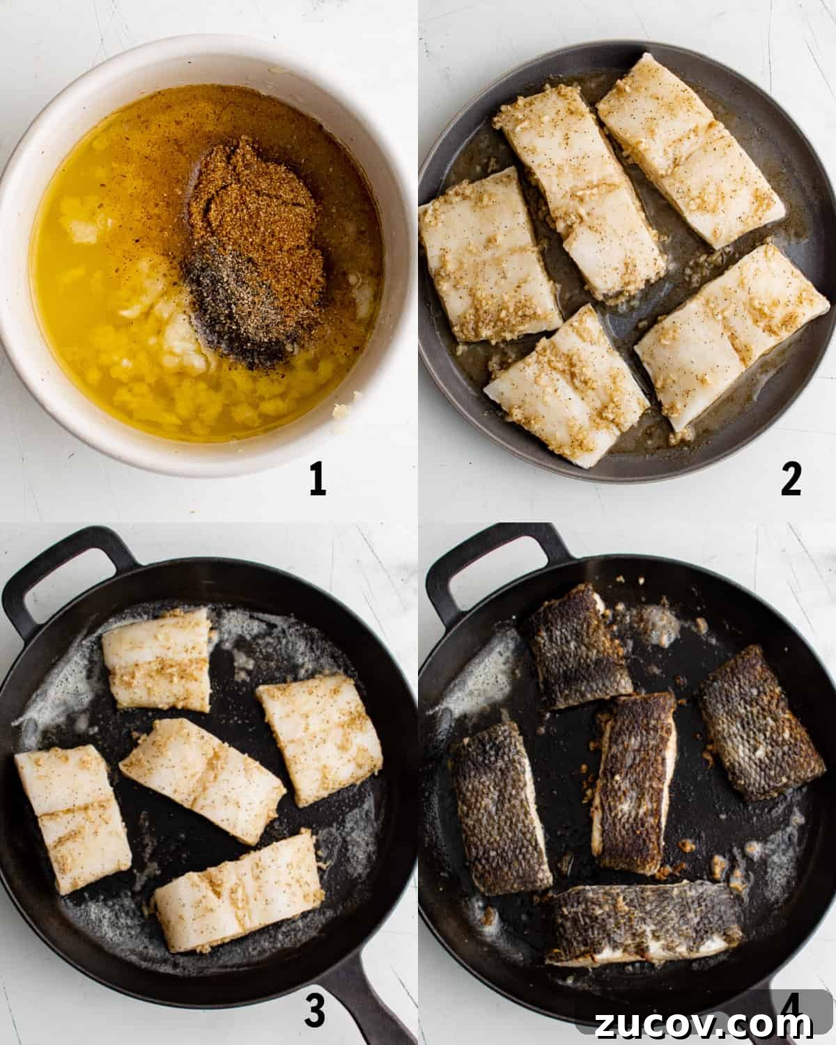 Pan-Seared Chilean Sea Bass with Garlic Herb Rice Recipe 4 cooking the fish in a cast iron skillet
