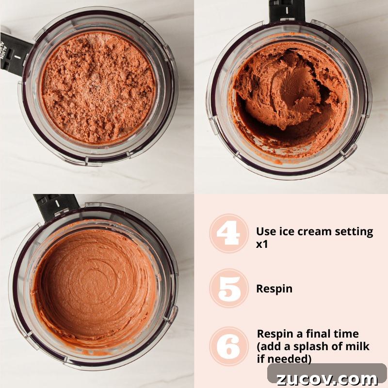 Creamy Cottage Cheese Ice Cream Recipe for Ninja Creami 5 Pictures in a grid style for steps 4-6 of making cottage cheese ice cream in the ninja creami.