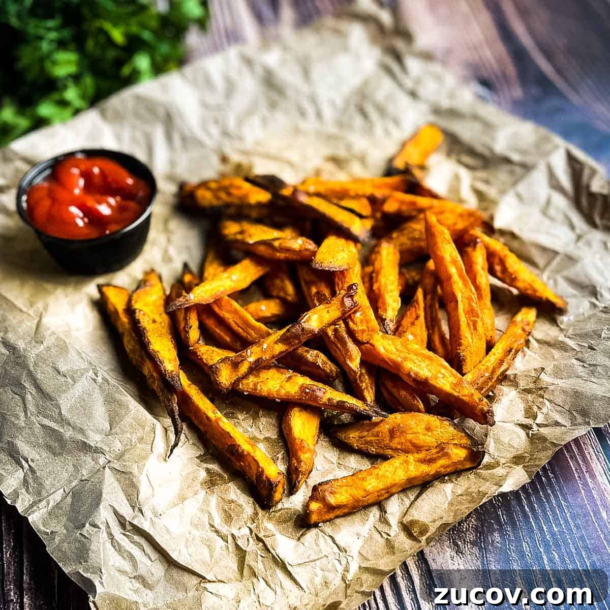 Crispy Air-Fryer Sweet Potato Fries Coated in Cornstarch 2 Crispy sweet potato fries on brown paper with a side of ketchup.