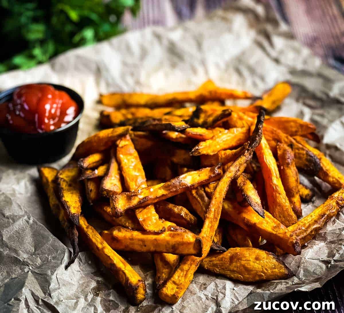 Crispy Air-Fryer Sweet Potato Fries Coated in Cornstarch 15 The extra crispy sweet potato fries with a side of ketchup.