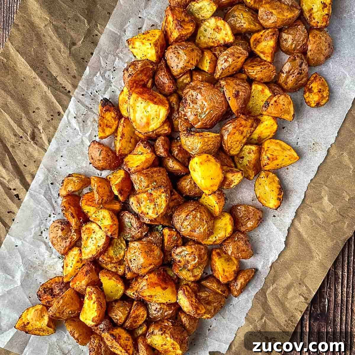 A pile of roasted air fryer potatoes on a piece of parchment.
