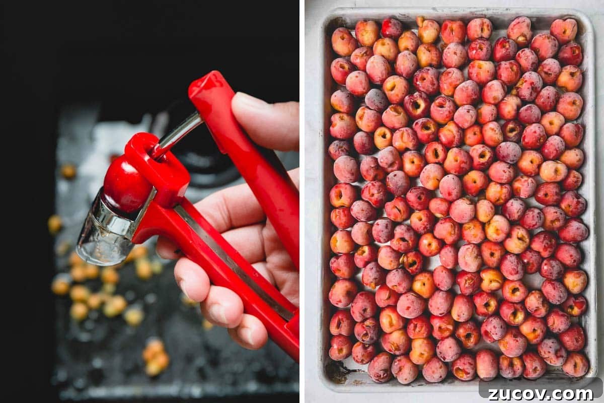 Cherry Guide: Varieties, Growing Tips, and Harvesting Advice 5 Side by side image of using cherry pitter and frozen cherries on a baking sheet.