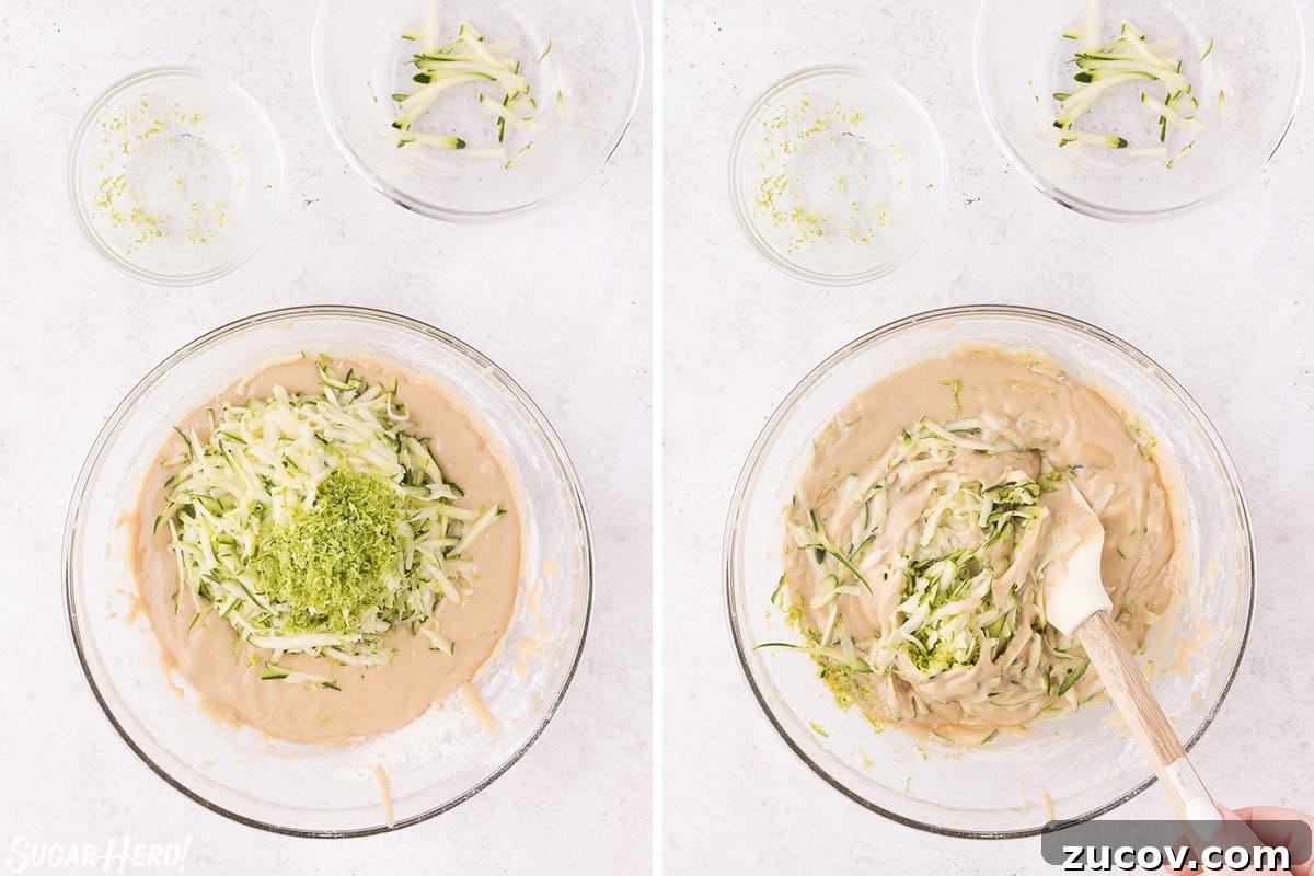 Moist Zucchini Bread Recipe with Cinnamon and Walnuts 8 Two-photo collage showing how to add grated zucchini and lime zest to zucchini bread batter.