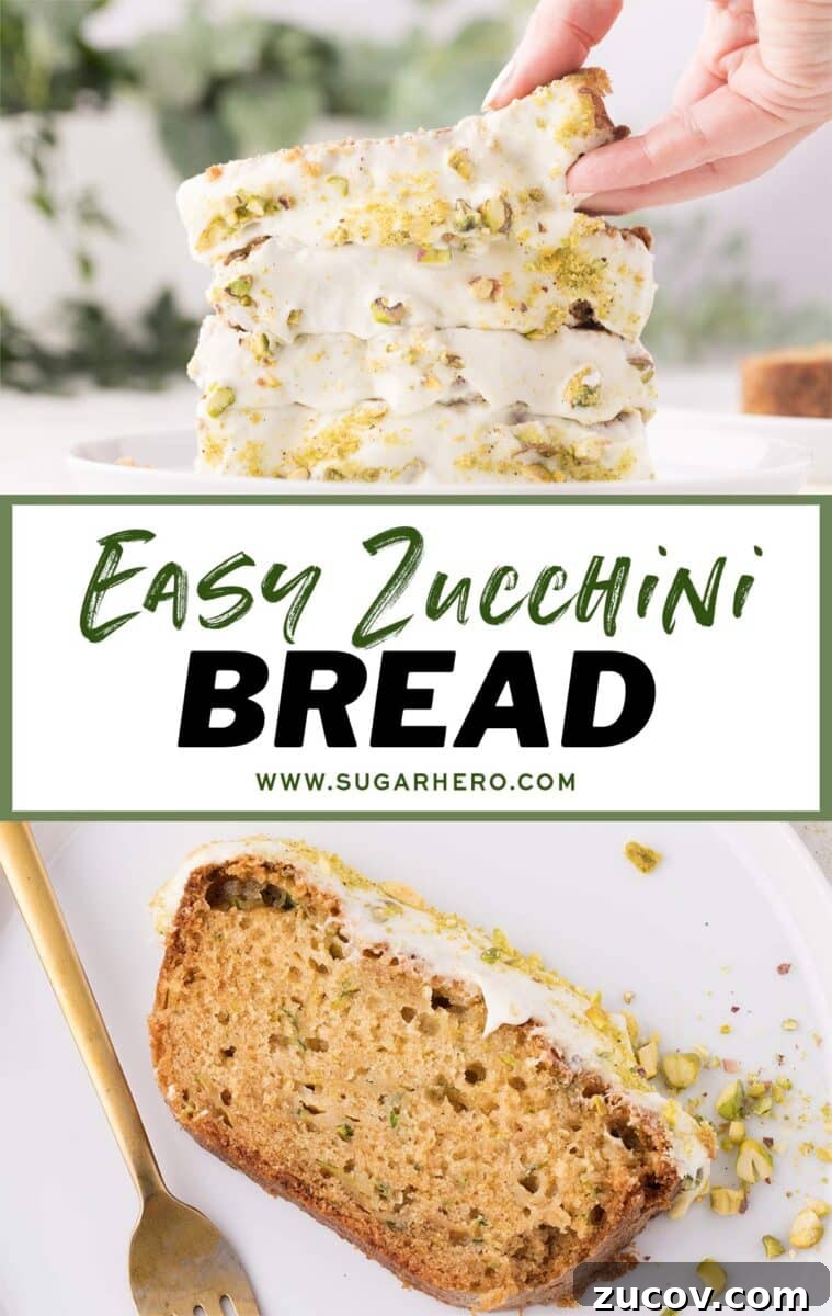 Moist Zucchini Bread Recipe with Cinnamon and Walnuts 13 Two photo collage of Easy Zucchini Bread with text overlay for Pinterest.