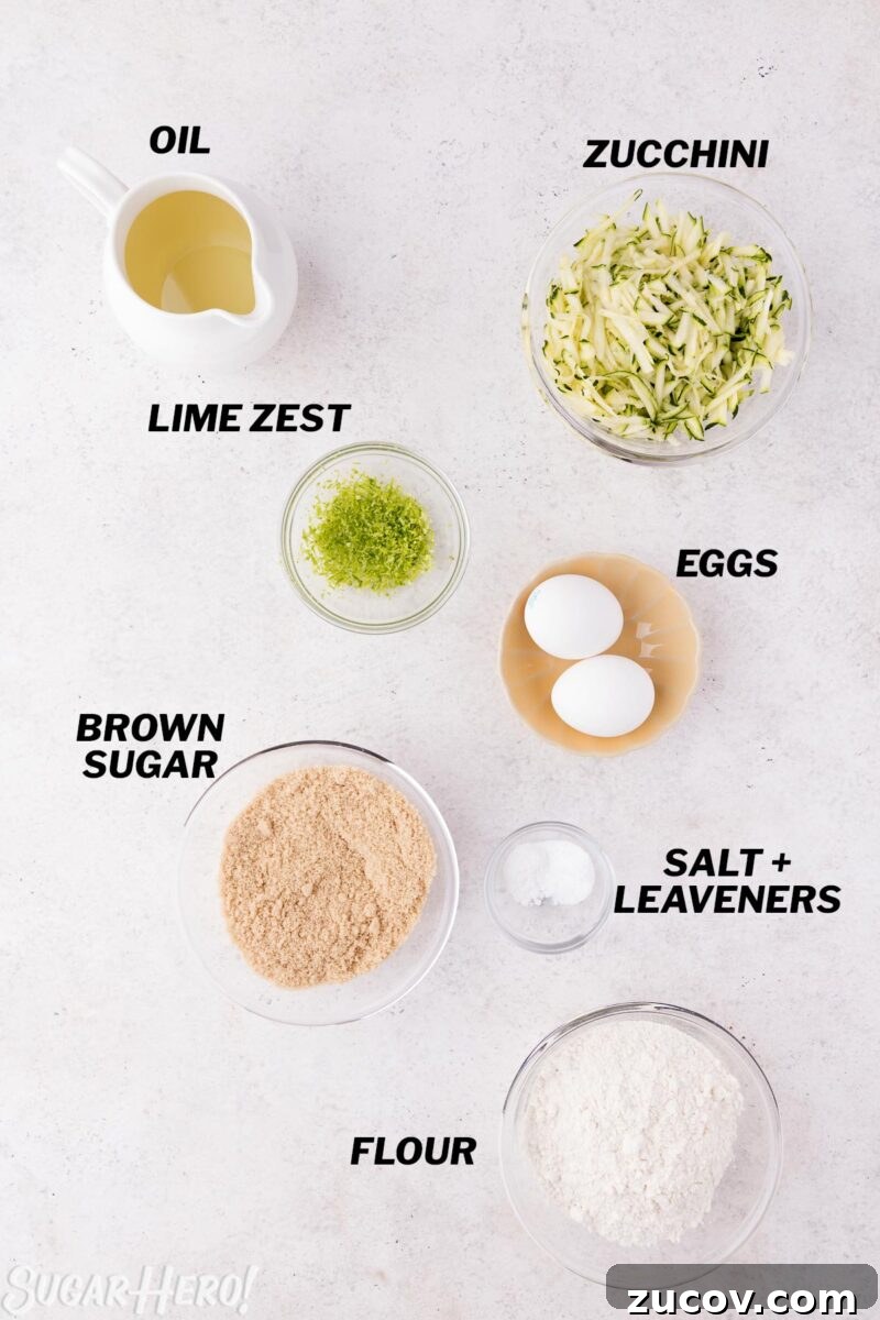 Moist Zucchini Bread Recipe with Cinnamon and Walnuts 4 Overhead shot of ingredients needed to make Easy Zucchini Bread.