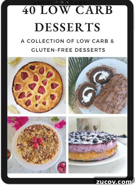 Keto Peach Ice Cream Recipe: Creamy Low-Carb Frozen Dessert 11 Book cover titled "40 Low Carb Keto Desserts" featuring images of four different gluten-free desserts: a berry pie, chocolate rolls, and two other cakes.
