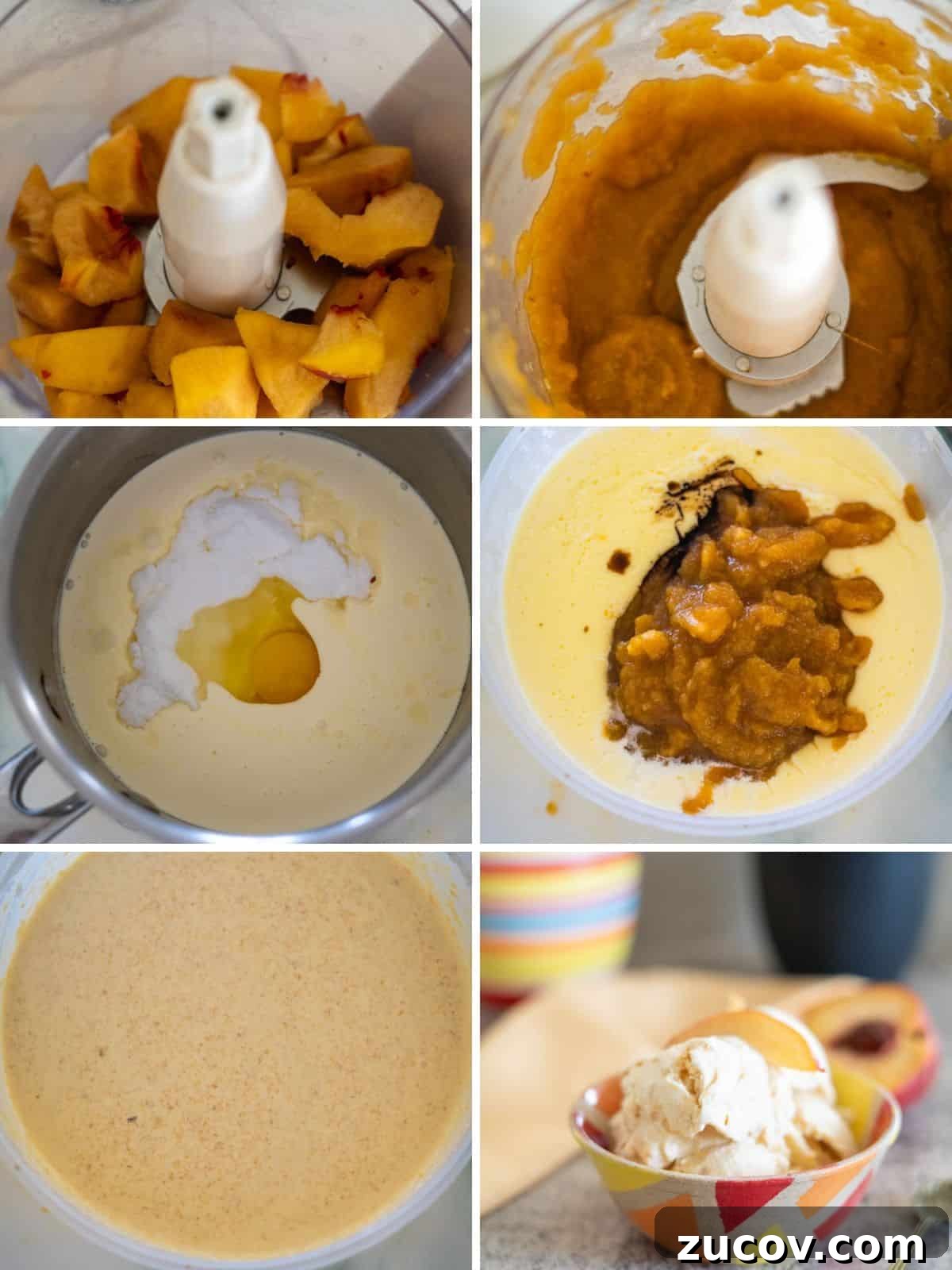 Keto Peach Ice Cream Recipe: Creamy Low-Carb Frozen Dessert 4 A step-by-step process of making homemade ice cream, showing a blender with peach slices, blended peaches, a mix of cream and eggs, added peach mixture, a combined mix, and the final ice cream in a bowl.