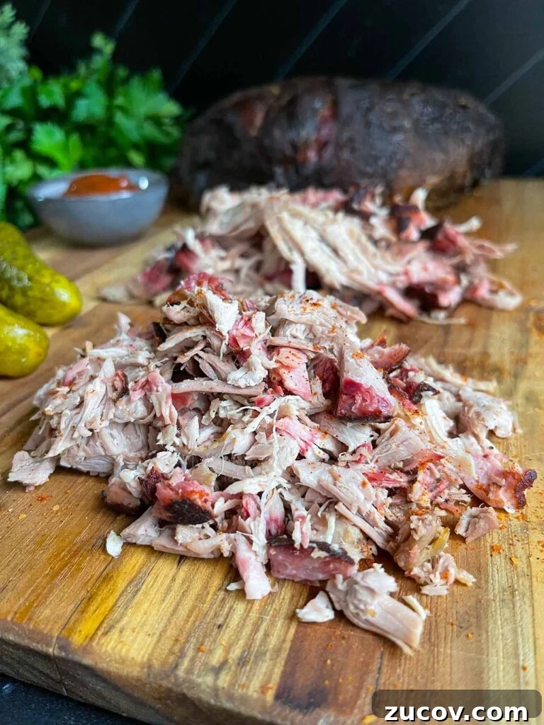 Pork Shoulder Brine Recipe for Juicy, Tender Results 6 Chopped and shredded pork butt on a wooden cutting board.