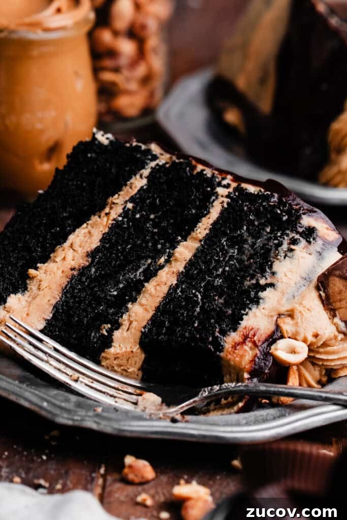 Decadent Peanut Butter Chocolate Cake Recipe You’ll Love 3 A slice of peanut butter chocolate cake on a plate, with a bite missing.