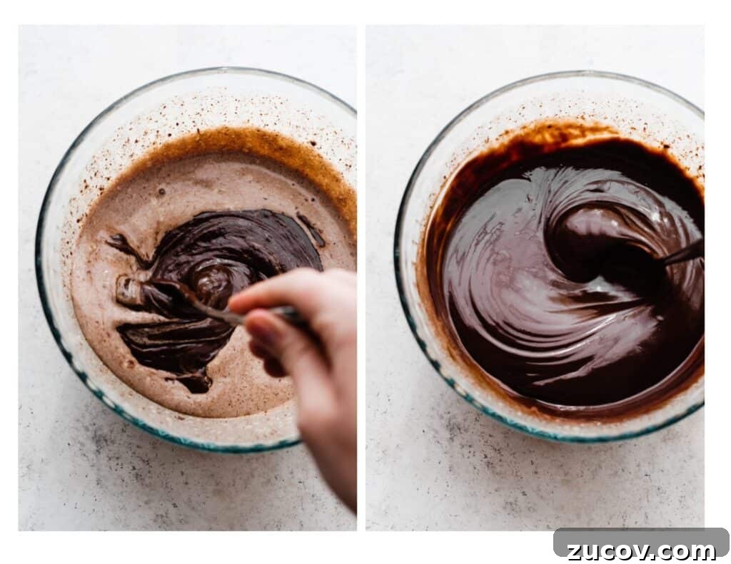 Decadent Peanut Butter Chocolate Cake Recipe You’ll Love 9 A bowl of chocolate drip being stirred up.