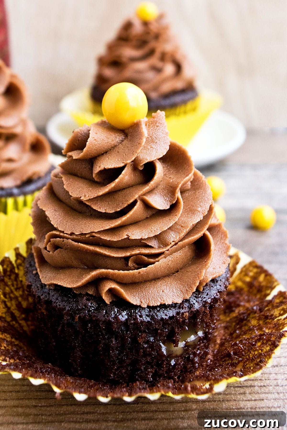 Mocha Coffee Cupcakes with Rich Espresso Frosting 2 Easy Chocolate Coffee Cupcakes (Mocha Cupcakes) With Liner Partially Removed on Wood Background.