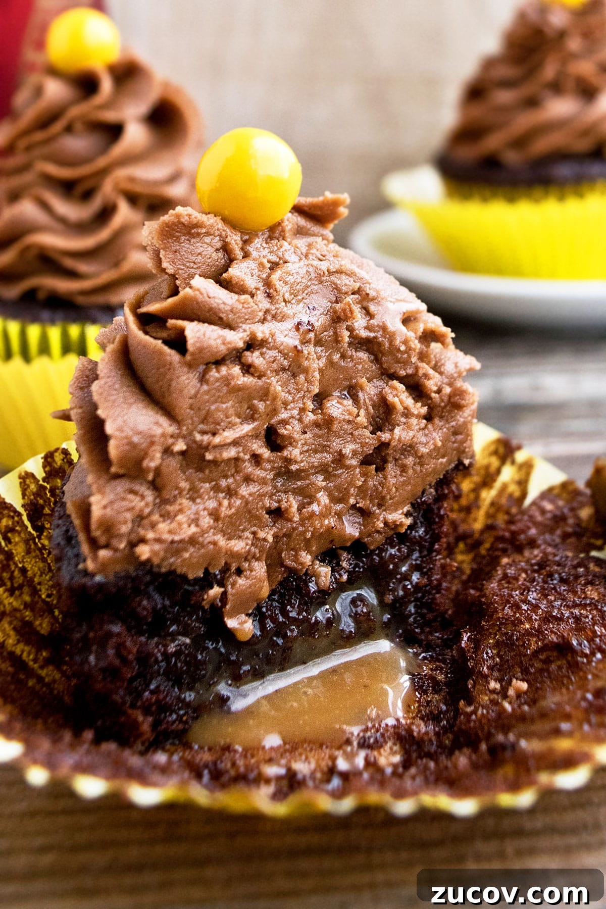 Mocha Coffee Cupcakes with Rich Espresso Frosting 4 Closeup Shot of Caramel Filling Inside Cupcake.