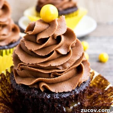 Mocha Coffee Cupcakes with Rich Espresso Frosting 7 Easy Chocolate Coffee Cupcakes (Mocha Cupcakes) With Liner Partially Removed on Wood Background.