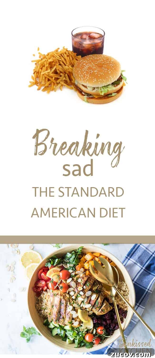 An image showing a hamburger and fries, and another showing a large bowl of chicken quinoa salad.