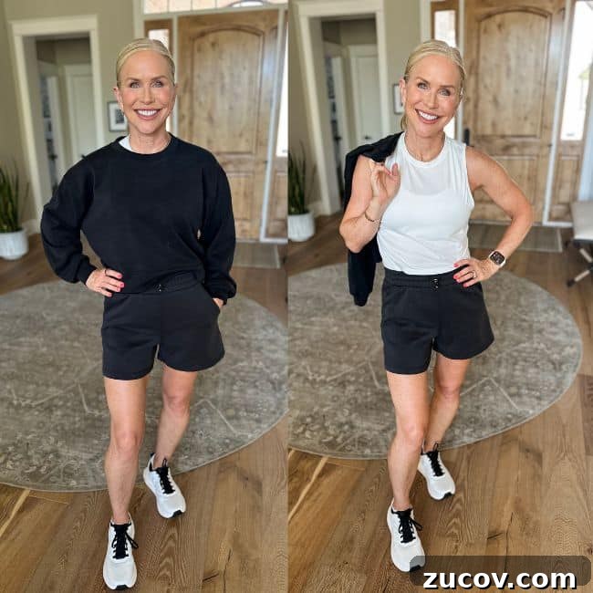 Top-Rated Women's Shorts for Over 50: Amazon Picks You’ll Love 6 A smiling woman stands indoors in two side-by-side photos wearing casual shorts