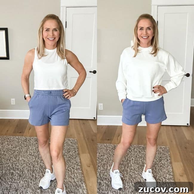 Top-Rated Women's Shorts for Over 50: Amazon Picks You’ll Love 7 A woman stands indoors on a rug, wearing light blue shorts and white sneakers