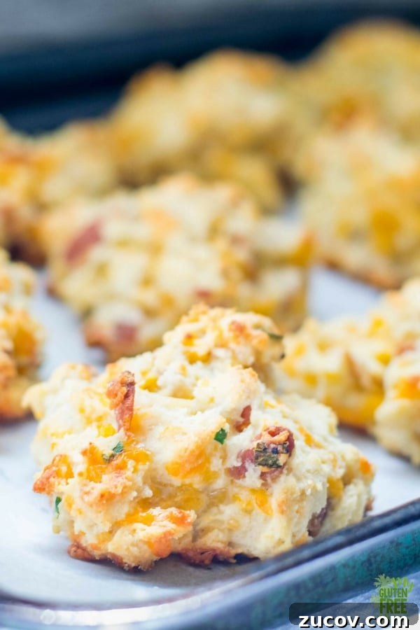 Gluten-Free Bacon, Cheddar & Chive Drop Biscuits 2 gluten free drop biscuits on a tray