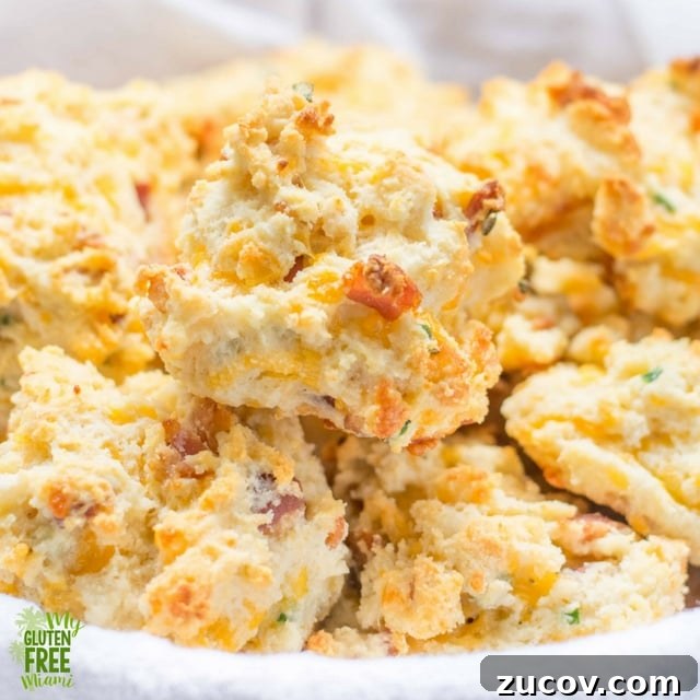 Gluten-Free Bacon, Cheddar & Chive Drop Biscuits 5 Bacon Cheddar Chive Gluten Free Drop Biscuits in a basket